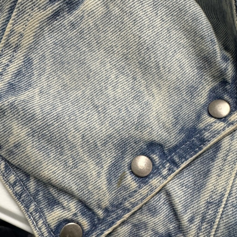 Vintage Acid Wash Denim Fringe Jacket Western 80s Boho Blue White Grey Leather - Picture 7 of 9